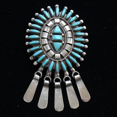 Vtg Beverly Etsate Zuni Turquoise Needle Point Pendant Brooch Fringe Signed 12gr