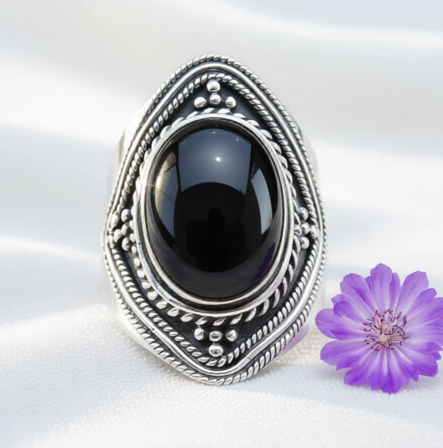 Natural Black Onyx Gemstone Handmade 925 Sterling Silver Jewelry Ring All Size image 1