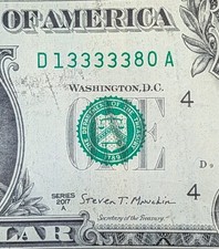 2017 A $1 bill fancy serial, five in a row 3s.  D 13333380 A