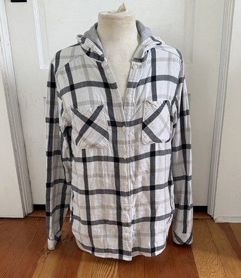 Columbia Womens Long Sleeve Button Down Hooded White Plaid Shirt Medium