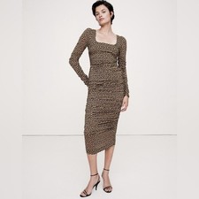 Banana Republic Crepe Ruched Black  Camel Dot Midi Dress Size 6P NWT RT 220