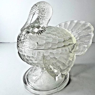 Vintage LE Smith TOM TURKEY Clear  Glass Lidded Candy Dish Centerpiece