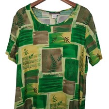 Vintage 1990s Notations Dress XL Green Fern Colorblock Nature Rayon Lagenlook