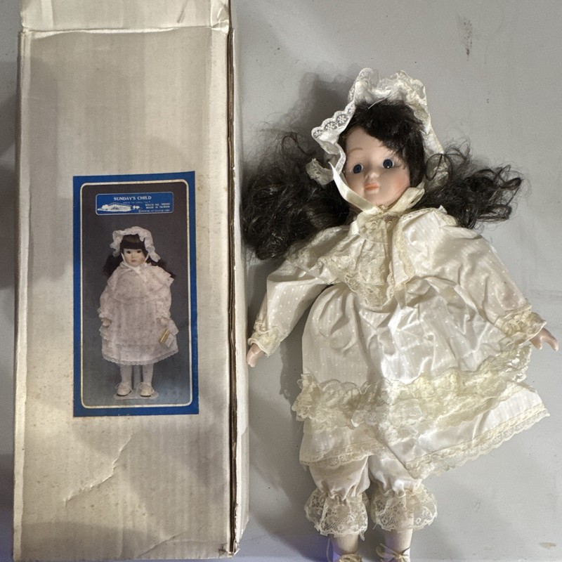 Sunday's Child Porcelain Girl Doll Brown Eyes Curly Hair Lace Dress Box