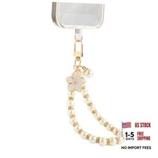 Fancy Pearls Beaded Phone Wrist Strap, Chain Bracelet for White Blossom pearls