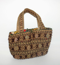 VTG Handmade Embroidered Yarn Burlap Handbag Tote Boho Hippie Brown 9.5" x 12"