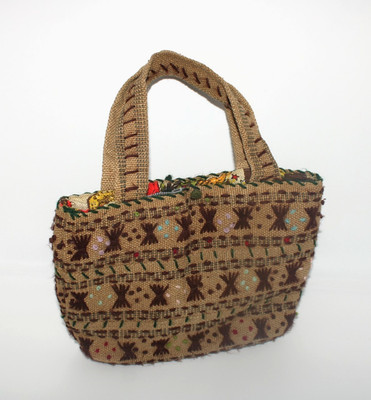 VTG Handmade Embroidered Yarn Burlap Handbag Tote Boho Hippie Brown 9.5'' x 12''