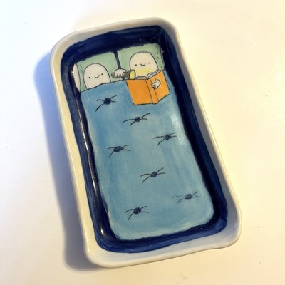 Studio Pottery Trinket Dish - Hand Painted -  Reading in Bed  5.25''x 3.5'' SIGNED