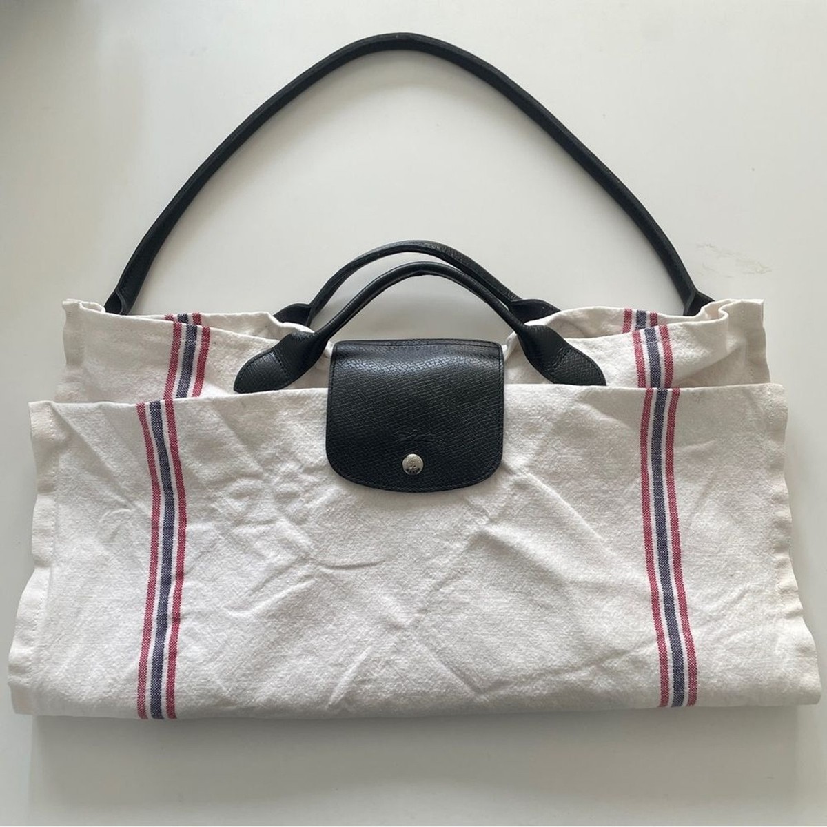 Longchamp x Charvet Le Pliage Torchon Large Linen Tote Bag White