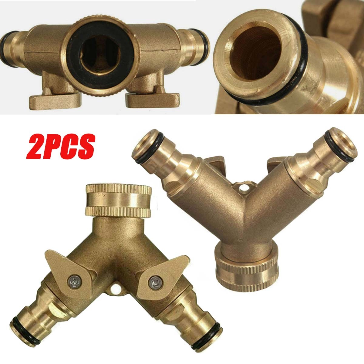 2PC Garden Two Way Double Tap Connector Brass Watering Hose Pipe Faucet Splitter