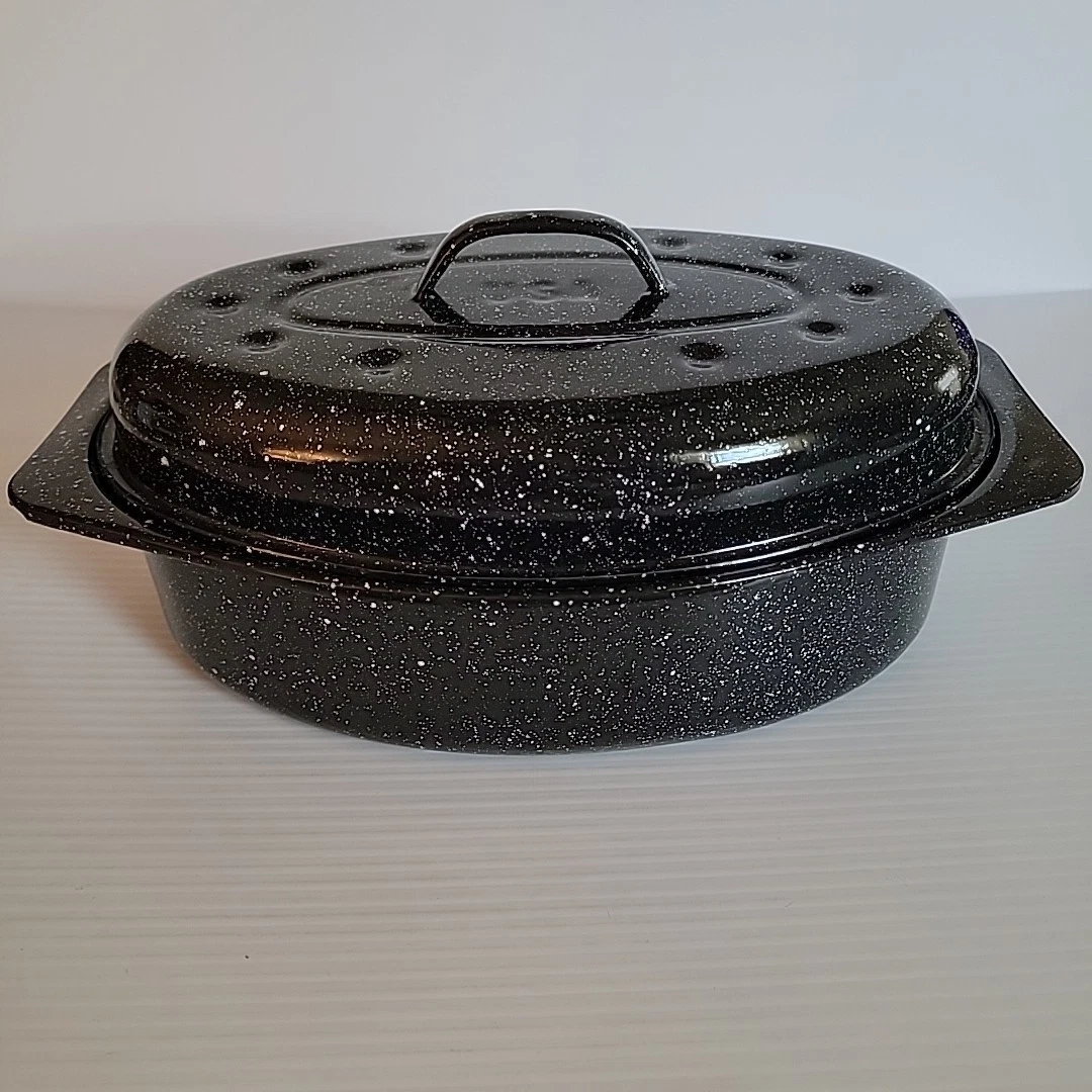 Vintage Black Speckled Enamel Roasting Pan w Lid Graniteware 13" x 8"
Opens in a new window or tab