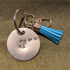 Puppy Engraved Metal Heart Keychain w/ Blue Tassel, Detachable Keyring