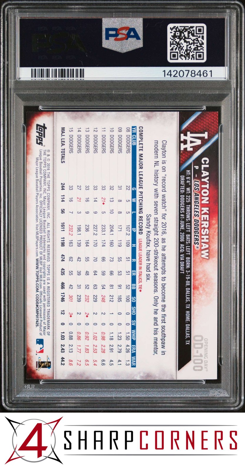 2016 TOPPS OPENING DAY BLUE FOIL #OD-100 CLAYTON KERSHAW POP 1 PSA 10 view 2