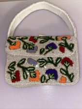 NWT Handcrafted In India Beaded Shoulder Bag Multi Color Flowers Beige Lining