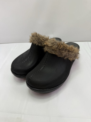 Crocs Cobbler Suede Leather Clogs womens Size Faux Fur Collar Black Wedge  Shoe