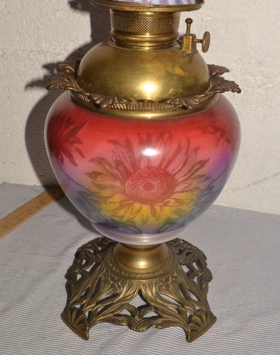 Antique Fostoria Glass Oil Lamp Hand Painted RAINBOW SUNFLOWER URN BASE & FONT