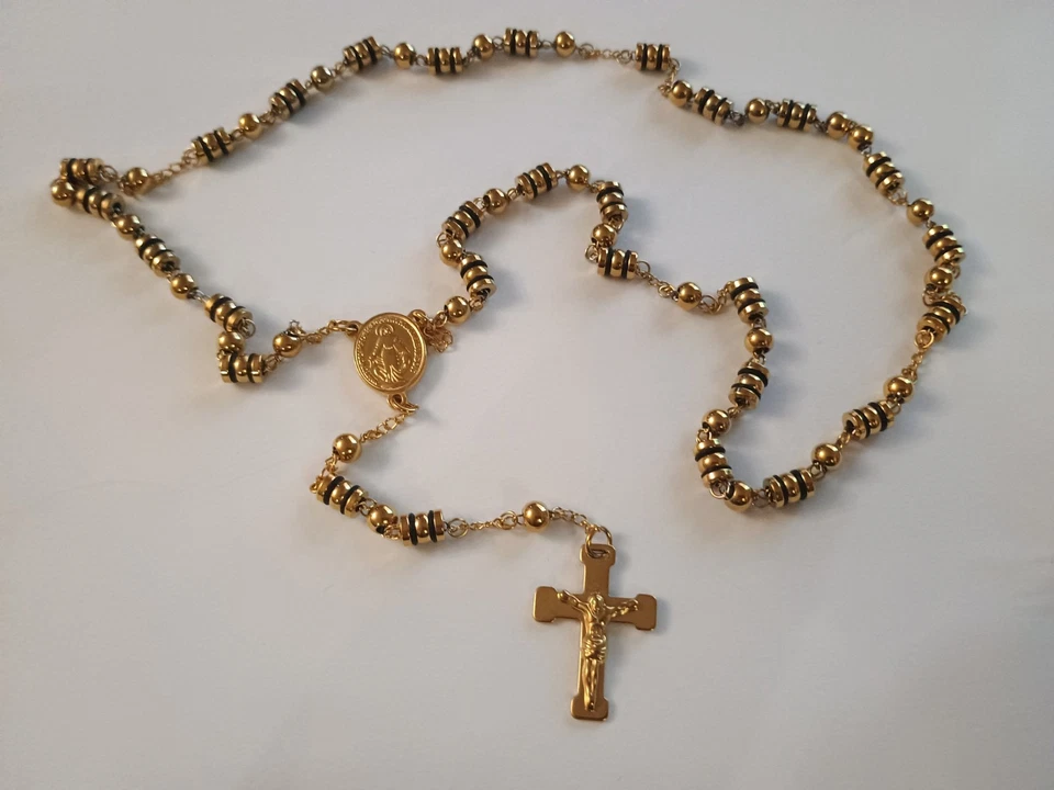 Collar Rosario Cruz Acero Inoxidable Chapado en Oro Negro Silicona 5mm Cadena Grande Foto 3 de 4