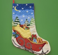 VTG Hand-Stitched Wool Needlepoint Retro Christmas Sleigh Stocking Red Velvet