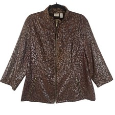 Zenergy by Chicos Brown Leopard Print Full Zip Jacket Metallic Mock Neck Size 3