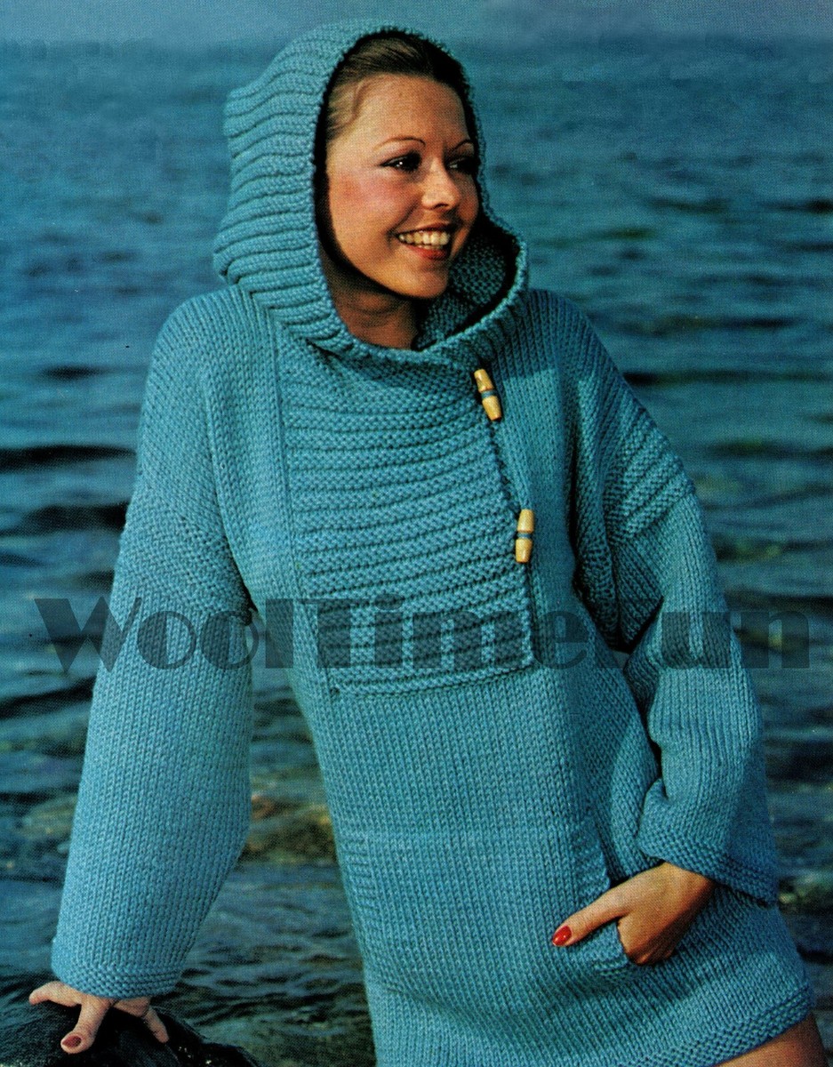 Knitting Pattern Vintage 1970s Hooded Sweater/Jumper/Poncho/Hoodie
