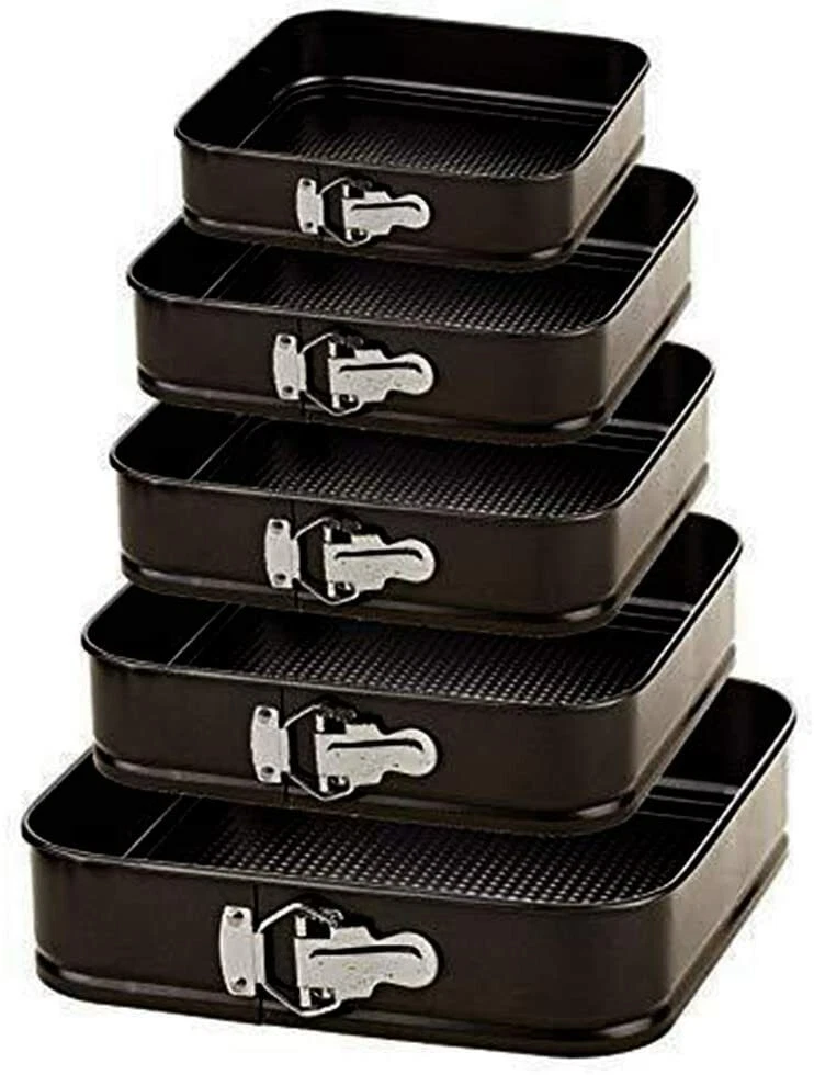 Set of 5 Square Cake Tins Pots Non Stick Baking Tray Mould Set Removable Bottoms