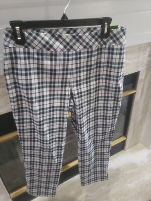 Izod Golf Pants Womens Size Cropped Black White Plaid Side Zip Flat Front 