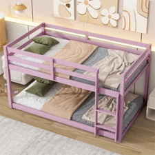 Twin Over Twin Size Wood Loft Bed w/Ladder & Slats Support for Kids Bedroom-Pink