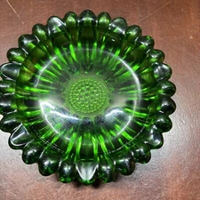 Sunflower 1960s Green Glass Ashtray, trinket dish . Made by Hazel Atlas 4”