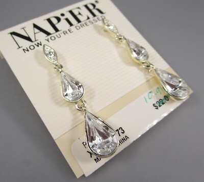 NWT NAPIER 1.5'' Long Dangling Silver Tone Clear Rhinestones Post Earrings 82W
