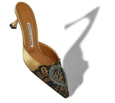 MANOLO BLAHNIK Gerontimu Multi DarkYellow Satin  Black Lace Jewel Crystal Mules