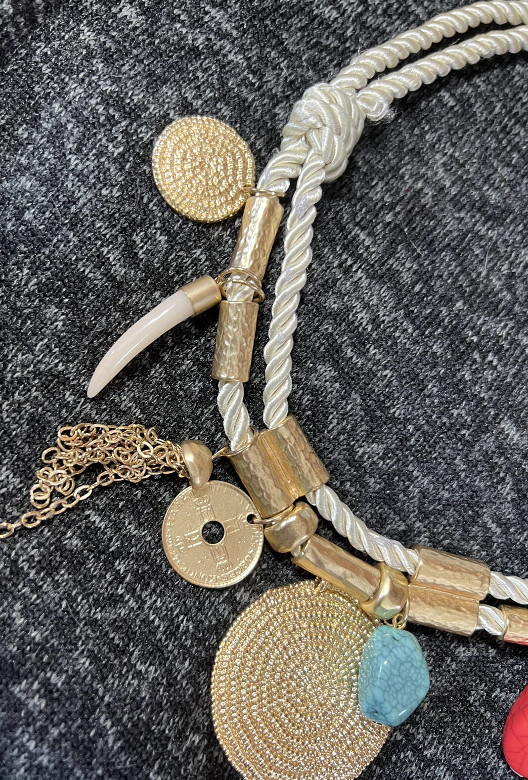 Chico’s Boho Gold Turquoise Statement Rope Charm Necklace GOOD ...
