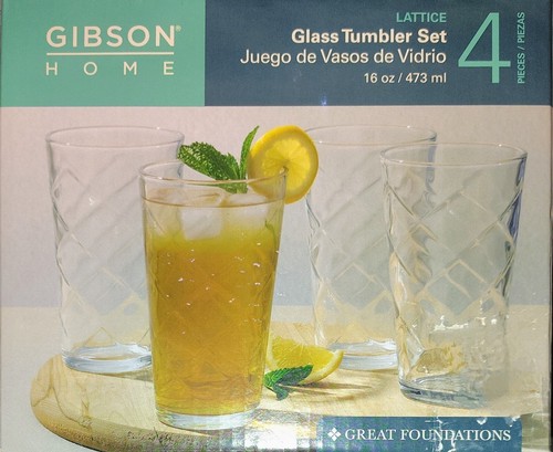 Gibson Home 16oz Glass Tumblers 4 Gibson Lattice Pattern Glasses 473ml - Picture 6 of 6