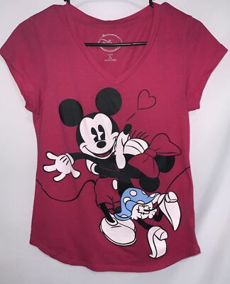 Disney Women's Hot Pink V Neck Tee Shirt Mickey Minnie Mouse