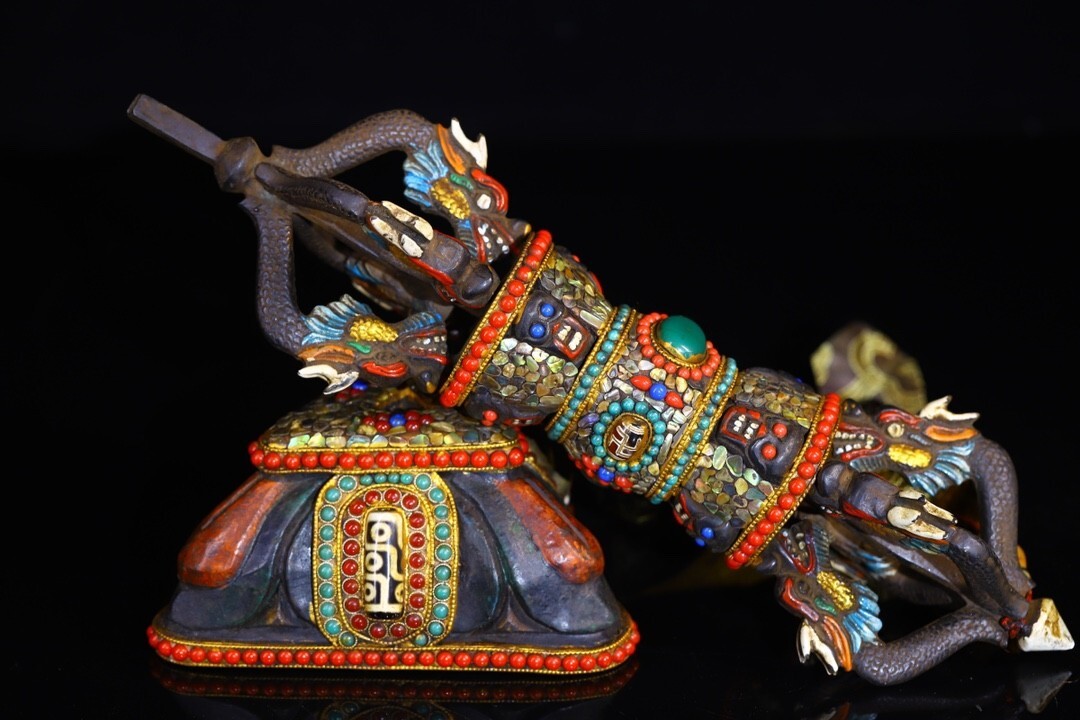 Old Tibet bronze Gilt Skull Head Weapon Trident Exorcism Holder Faqi Statue TQA