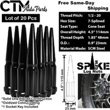 20Pc 4.5" TALL BLACK 1/2-20 SOLID STEEL SPLINE SPIKE LUG NUT+KEY FIT FORD MODELS