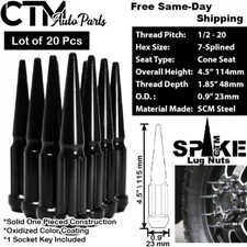 20Pc 4.5" TALL BLACK 1/2-20 SOLID STEEL SPLINE SPIKE LUG NUT+KEY FIT FORD MODELS