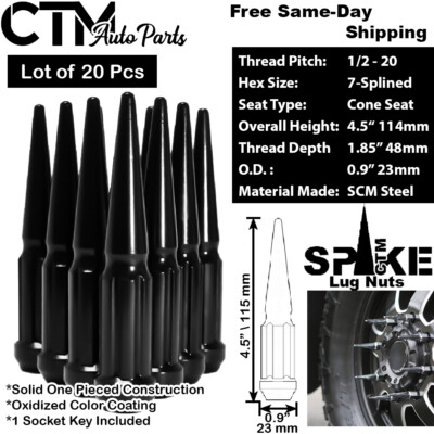 20Pc 4.5'' TALL BLACK 1/2-20 SOLID STEEL SPLINE SPIKE LUG NUT+KEY FIT FORD MODELS