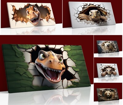 Cute T Rex Bear Turtle Peeking Out Of Hole In Wall Torn Canvas Wall Art Print