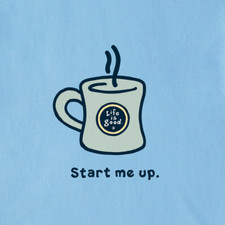 Camiseta trituradora Life Is Good Start Me Up taza caliente café azul SS para hombre nueva con etiquetas
