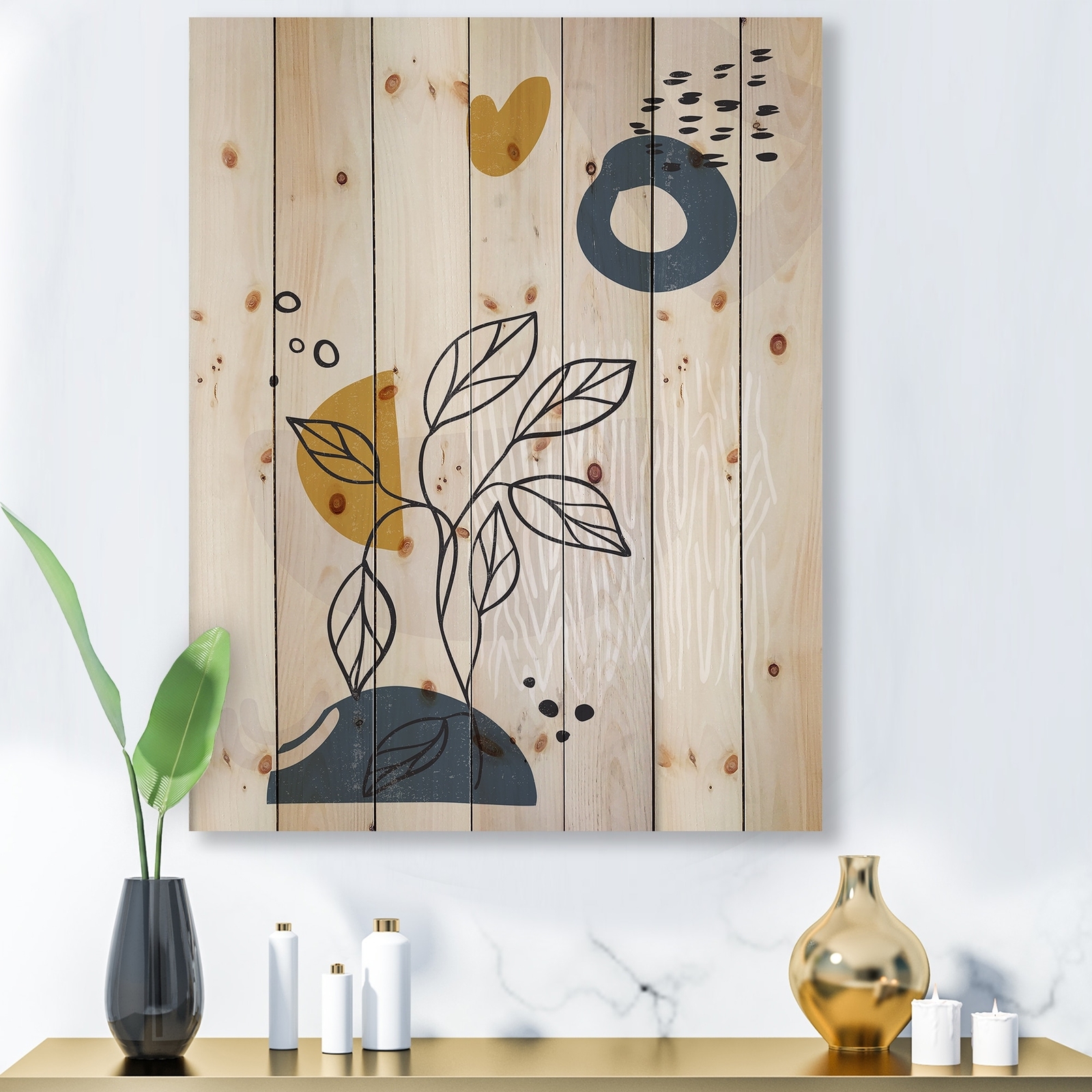 Designart 'Vintage Boho Minimalistic Flowers II' Modern Print on Natural Pine