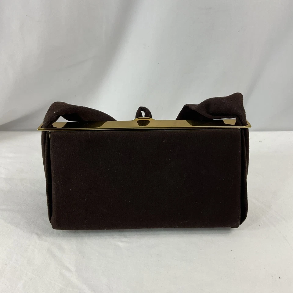 Bolso de Mano Edwards LTD Vintage Años 50 Cartera Tela Marrón Borde Dorado Cierre a Presión Forrado Foto 3 de 4
