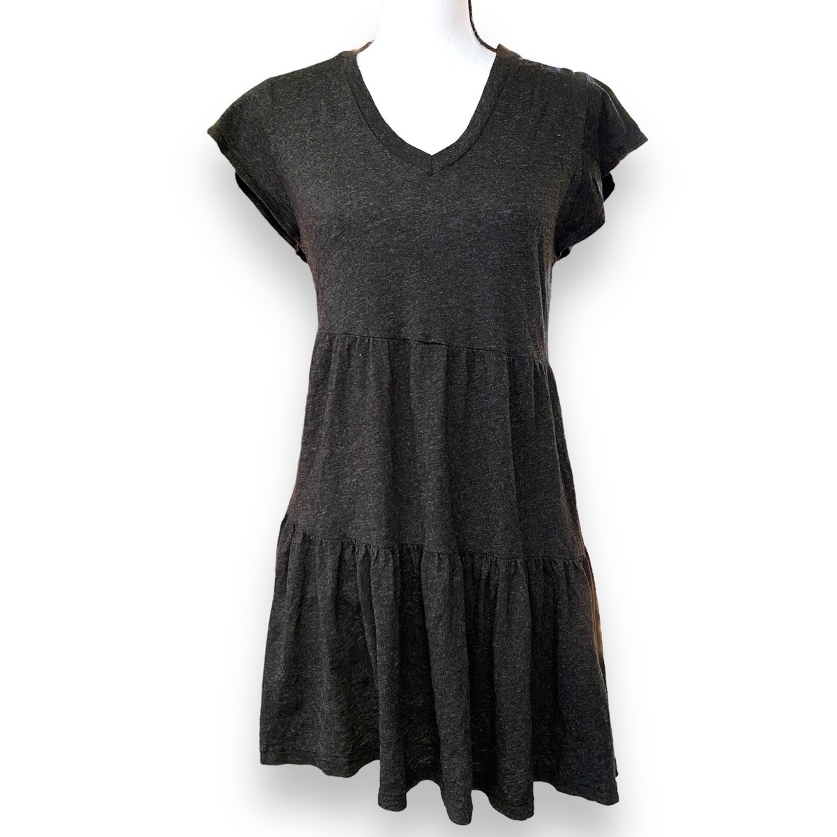 Monrow Tiered Ruffle Mini Dress Sz Small Black Cotton Jersey Knit V Neck Cute