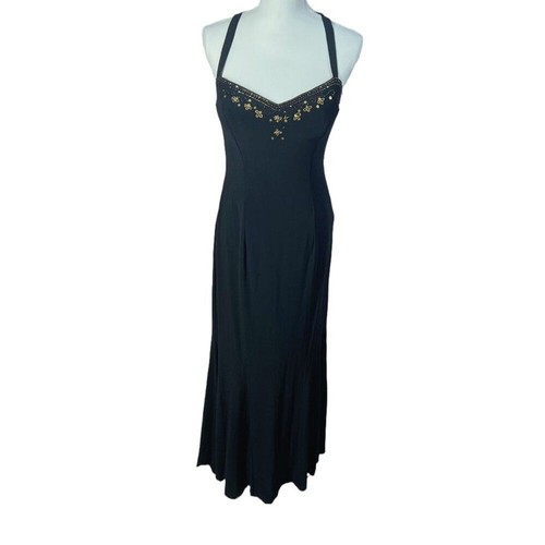 Vintage Dave & Johnny Black Gold Beaded Gown Mesh Detailing Formal Dress Size 8 - Picture 5 of 13