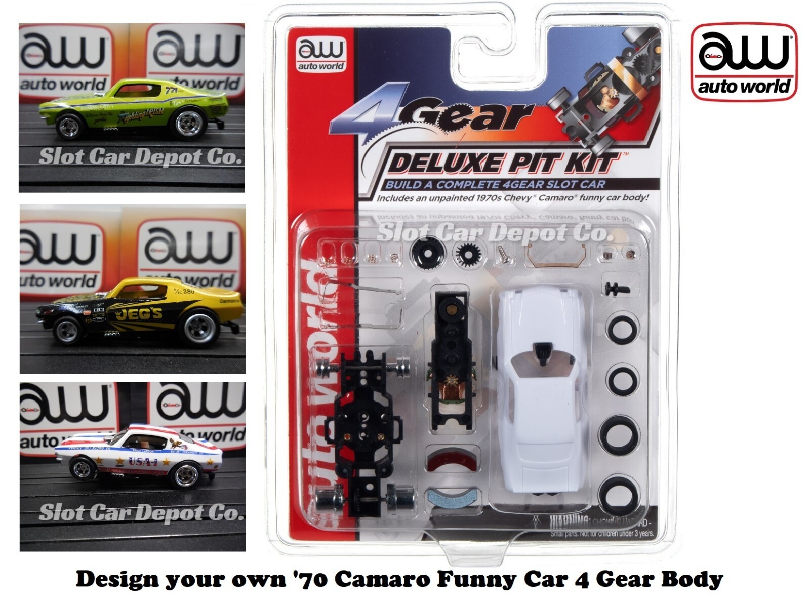 Auto World 4 Gear Deluxe Pit Kit '70 Chevy Camaro Body & Chassis Fit