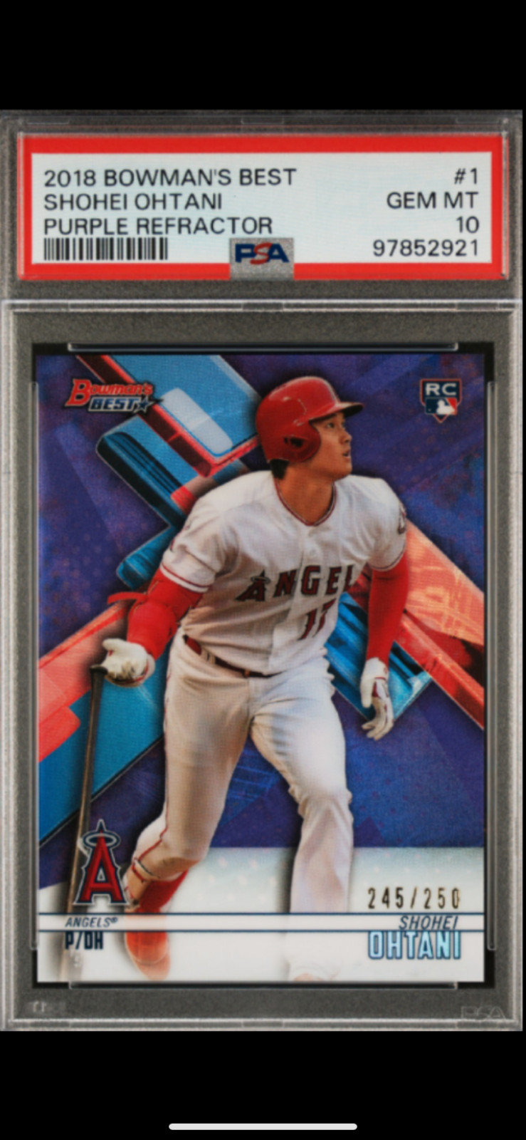 2018 Bowmans Best Shohei Ohtani Purple Refractor PSA 10 245/250 Rookie graded view 3