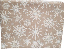 Fabric Linen Tablecloth,60"x84" Oblong, CHRISTMAS, SNOWFLAKES ON BROWN/TAN, J&C