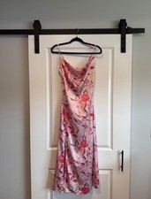 Pink Floral Satin Maxi Dress Cowl Neck Strappy Sleeveless Long Party Wedding