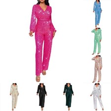 New Women's Sequin Jumpsuit Long Sleeve V Neck for Autumn Events