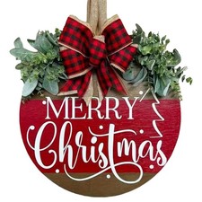 Merry Christmas Wreath Hanging Sign for Front Door, Wooden Welcome Wreaths Si...