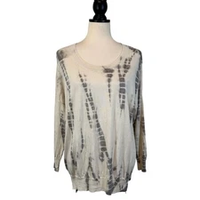 Chan Luu Silk Cashmere Tie Dye Hi Low Hem 3/4 Sleeve Sweater Size M Cream Gray